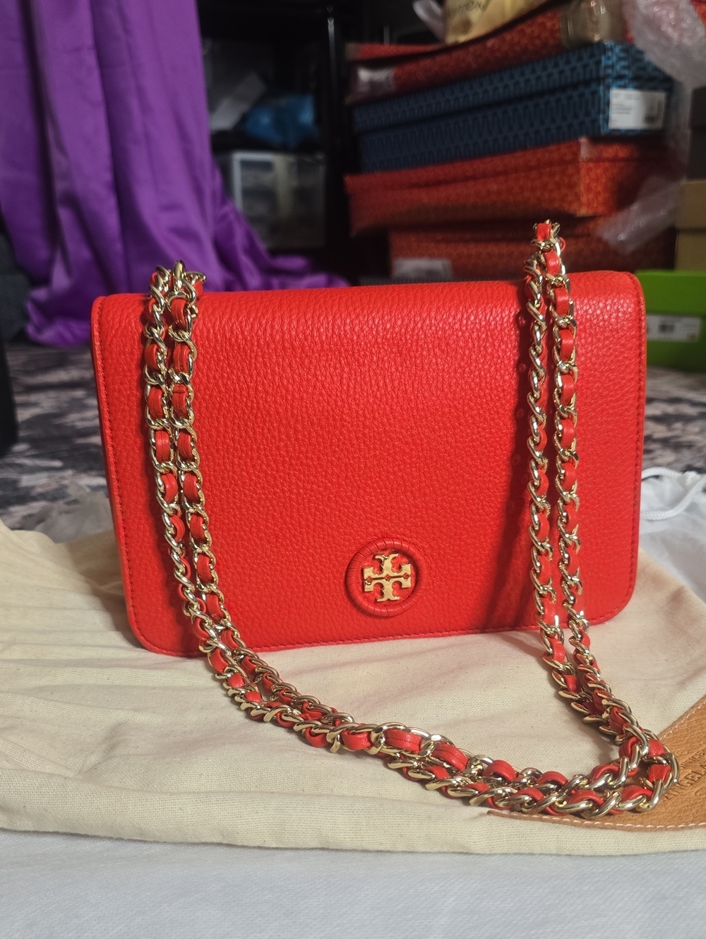 Tory Burch Orange-Red Pebbled Leather Crossbody with Gold Chain